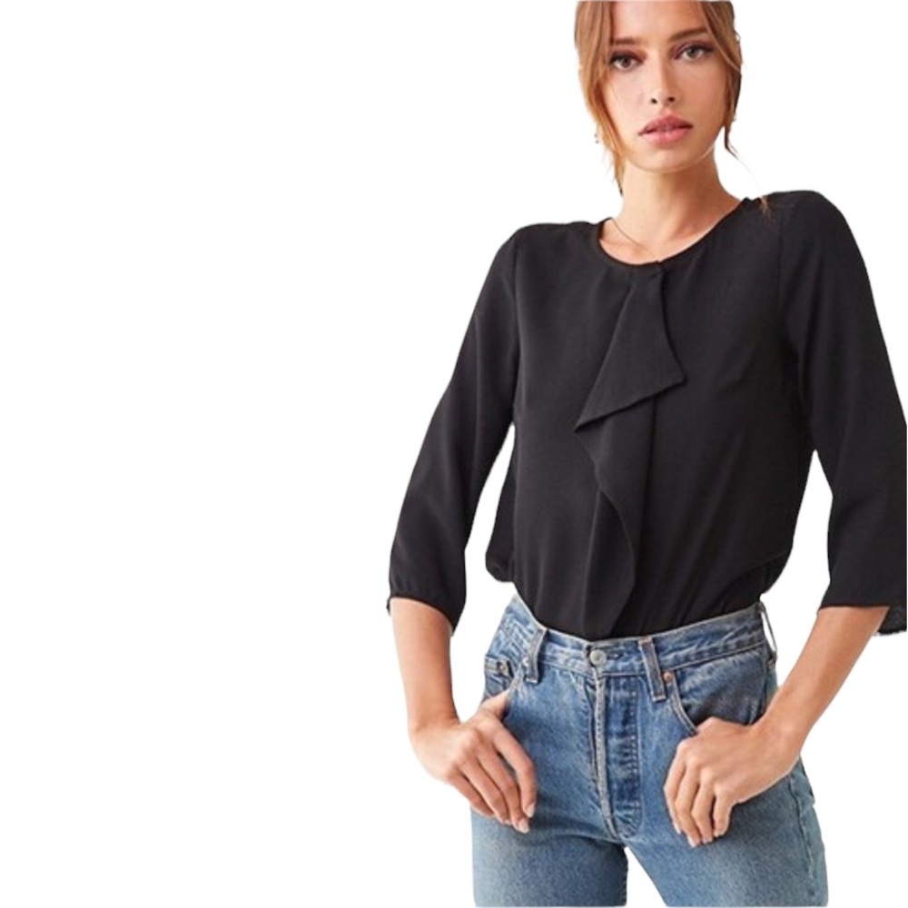 FOREVER 21 Black Ruffle-Trim Round Neck Top, S